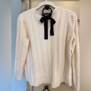 LOFT Creamy Winter White Cable Knit Sweater with Black Bow